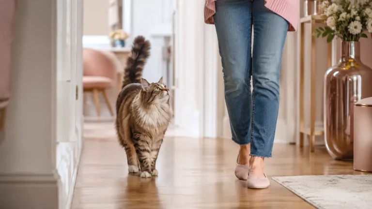 Cat walking closely behind a person in a cozy home hallway