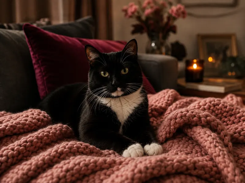 Black and white cat relaxing on a cozy pink blanket
