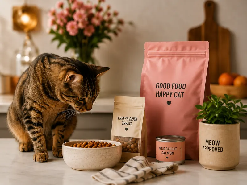 Cat inspecting food, treats, and salmon on a kitchen counter