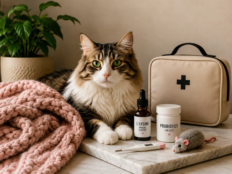 Cat beside a first aid kit and pet health supplies