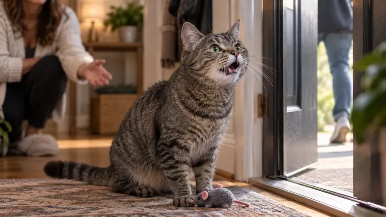 Gray striped tabby cat calling near an open doorway