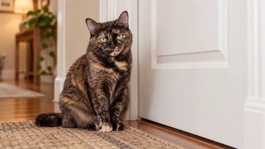 Tortoiseshell cat sitting beside a closed white door