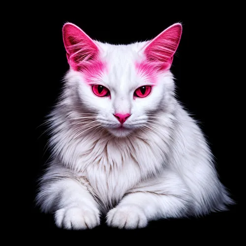 White cat with bright pink eyes and pink ears on a black background